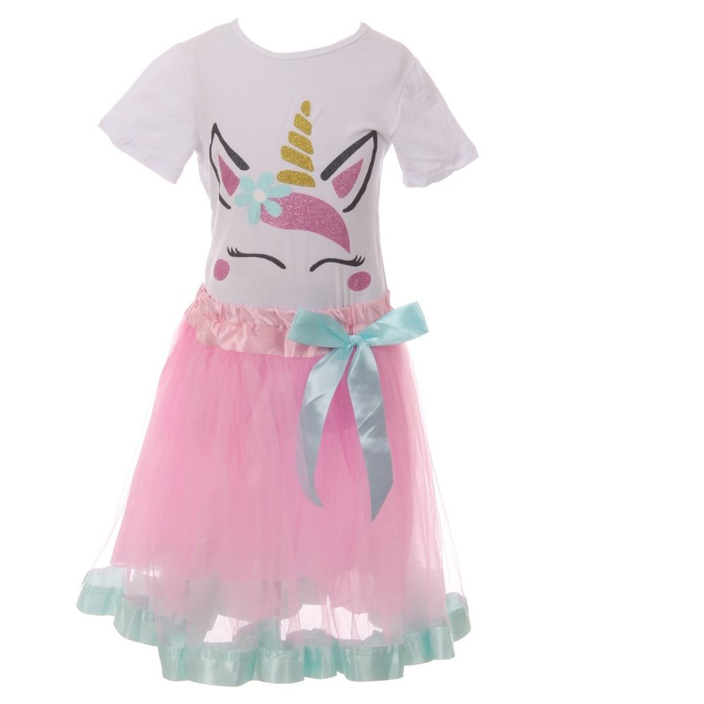 Girls 2 Pieces Skirt Set Unicorn T Shirt Top Tutu Tulle Party Kids Skirt Outfit